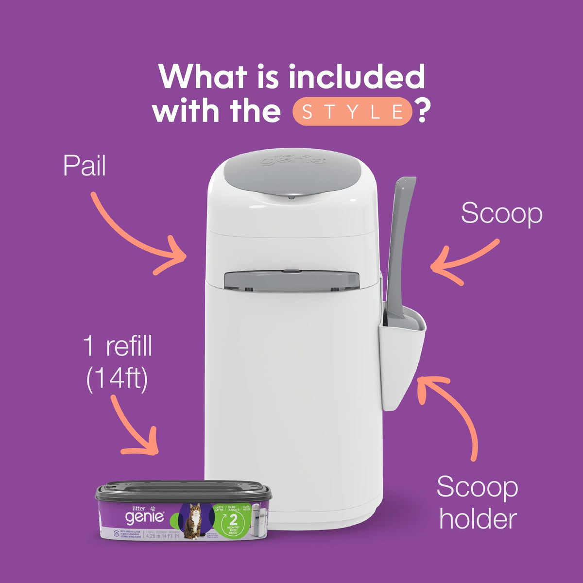 Litter Genie Plus Pail (Silver) | Cat Litter Box Waste Disposal System for Odor Control | Includes 1 Square Refill Bag