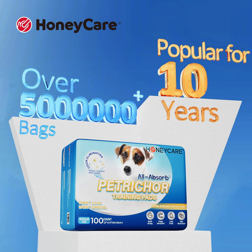 HONEY CARE All-Absorb, Large 22" x 23", 100 Count, Dog and Puppy Training Pads, Ultra Absorbent and Odor Eliminating, Leak-Proof 5-Layer Potty Training Pads with Quick-Dry Surface, Blue, A01