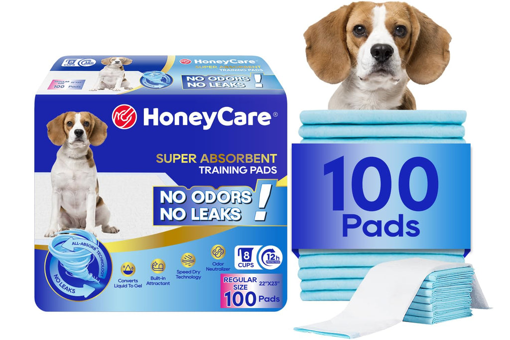 HONEY CARE All-Absorb, Large 22" x 23", 100 Count, Dog and Puppy Training Pads, Ultra Absorbent and Odor Eliminating, Leak-Proof 5-Layer Potty Training Pads with Quick-Dry Surface, Blue, A01