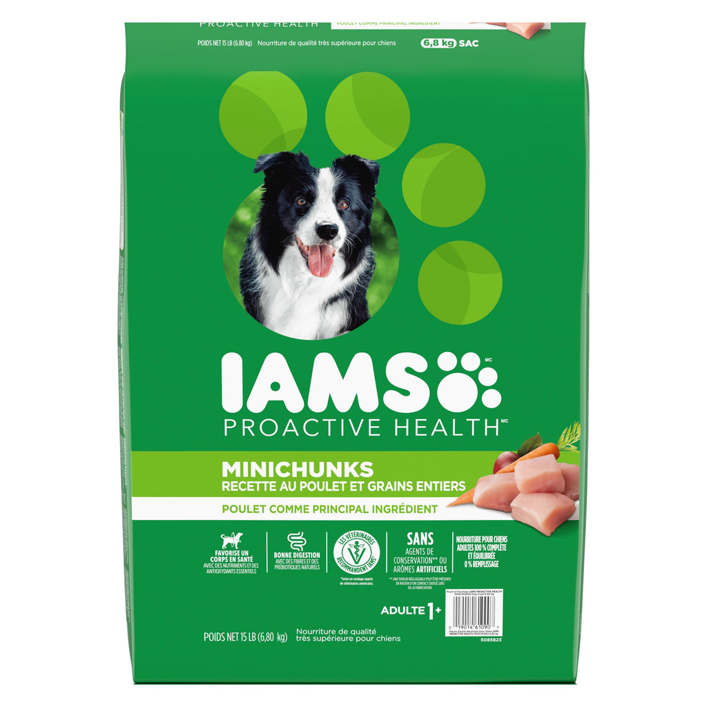 IAMS Proactive Health Adult Minichunks Dry Dog Food, Chicken, 30 lb | Real chicken #1 ingredient, no fillers, natural fiber & prebiotics, Omega-6 fatty acids, antioxidants for immune support