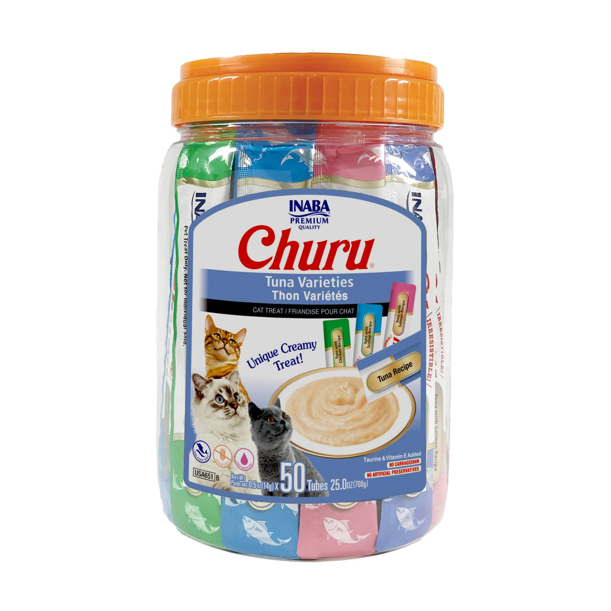 INABA Churu Cat Treats, Lickable, Squeezable Creamy Purée Cat Treat with Green Tea Extract & Taurine, 0.5 Ounces Each Tube, 50 Tubes, Tuna & Seafood Variety