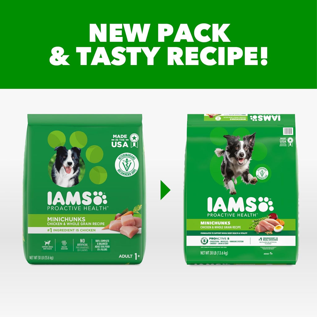 IAMS Proactive Health Adult Minichunks Dry Dog Food, Chicken, 30 lb | Real chicken #1 ingredient, no fillers, natural fiber & prebiotics, Omega-6 fatty acids, antioxidants for immune support