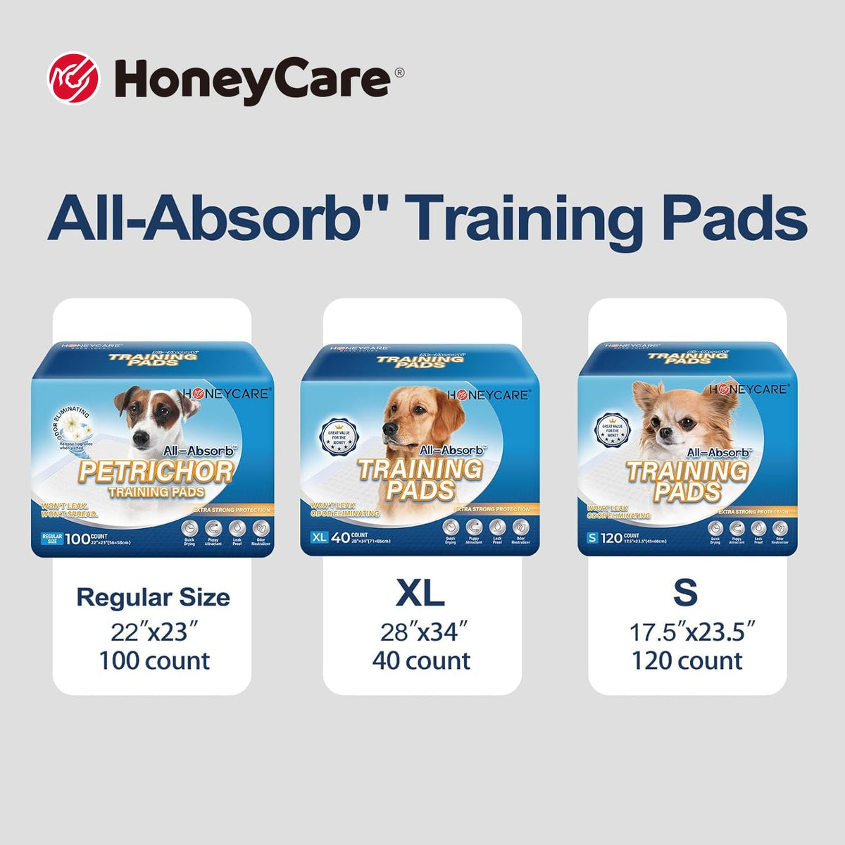 HONEY CARE All-Absorb, Large 22" x 23", 100 Count, Dog and Puppy Training Pads, Ultra Absorbent and Odor Eliminating, Leak-Proof 5-Layer Potty Training Pads with Quick-Dry Surface, Blue, A01