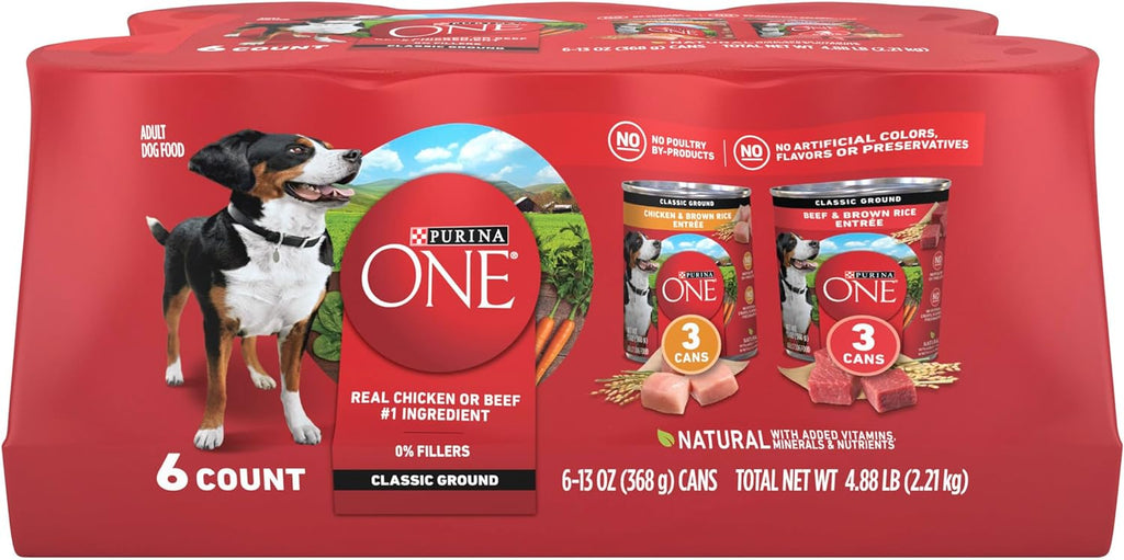 Purina ONE Wet Dog Food Variety Pack, Classic Ground, (6) 13 oz Cans | Two ground entrees, Chicken & Brown Rice and Beef & Brown Rice, with complete and balanced adult nutrition and no fillers