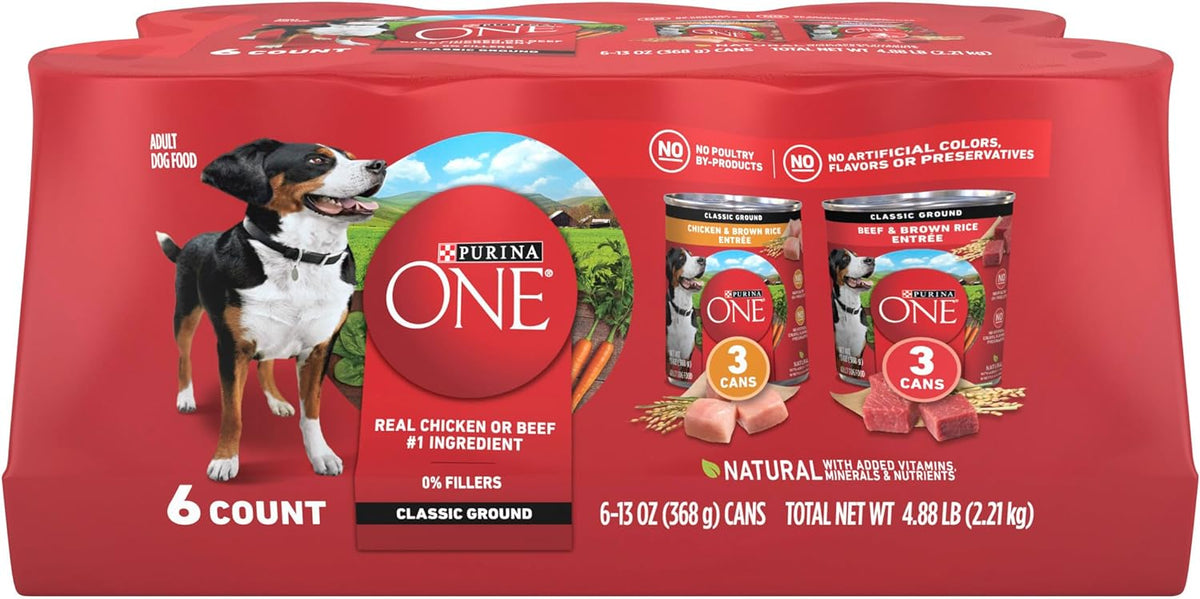 Purina ONE Wet Dog Food Variety Pack, Classic Ground, (6) 13 oz Cans | Two ground entrees, Chicken & Brown Rice and Beef & Brown Rice, with complete and balanced adult nutrition and no fillers