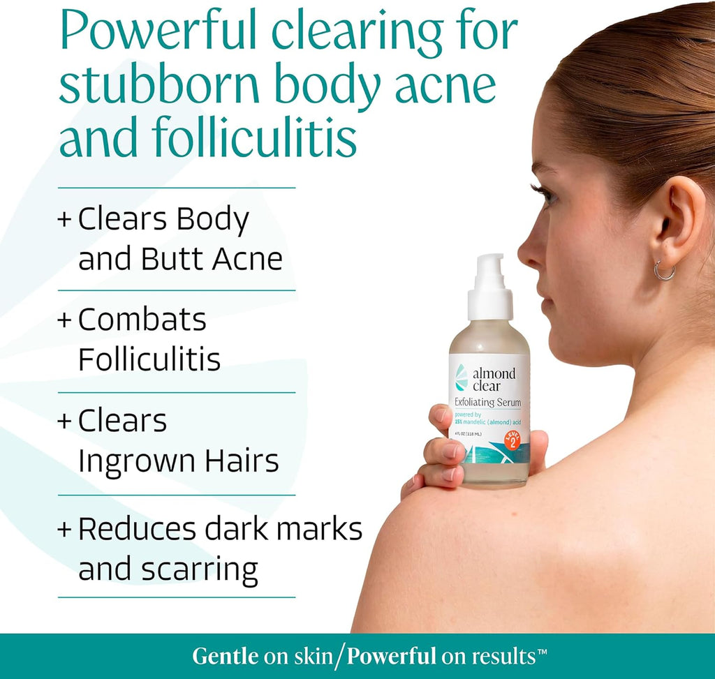 Almond Clear Level 2 Serum | Mandelic Acid Body Serum for Acne, Folliculitis, Aging Skin, Ingrown Hairs, Dark Spots on Face, Chest, Butt, Back, Thighs, Arms | 4 oz