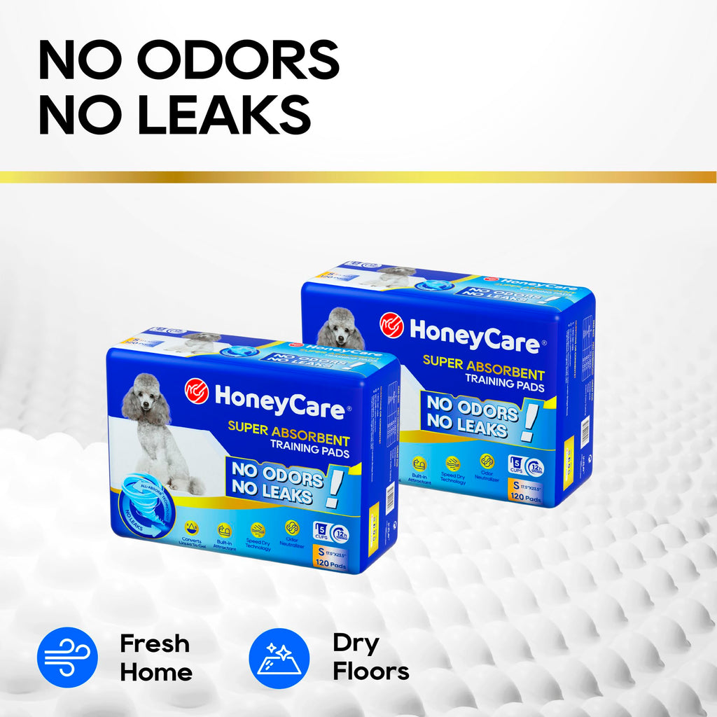 HONEY CARE All-Absorb, Large 22" x 23", 100 Count, Dog and Puppy Training Pads, Ultra Absorbent and Odor Eliminating, Leak-Proof 5-Layer Potty Training Pads with Quick-Dry Surface, Blue, A01