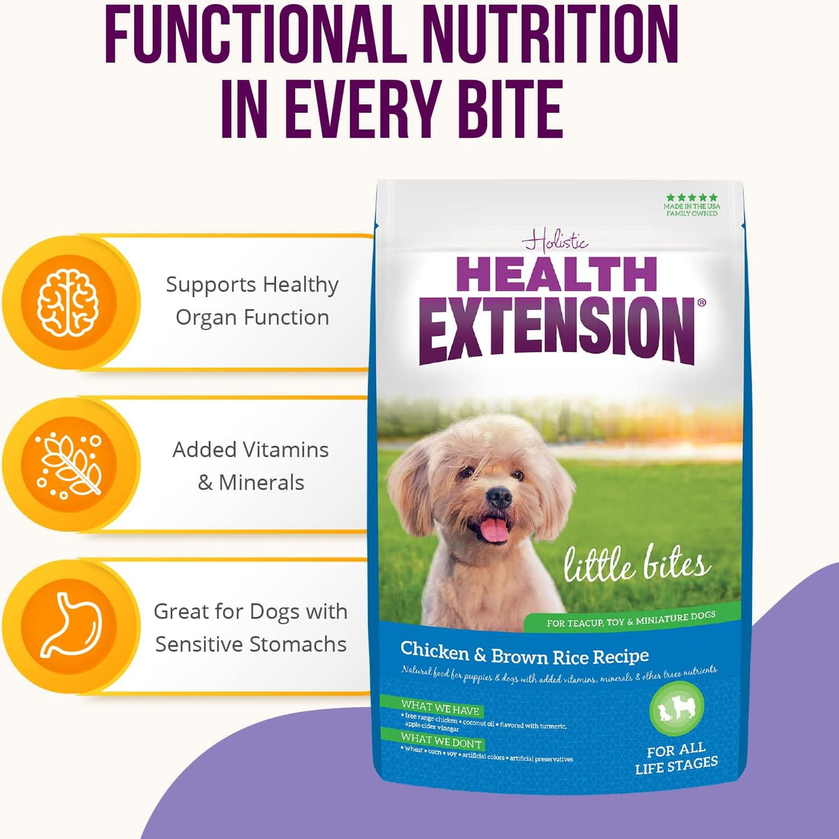 Health Extension Little Bites Dry Dog Food for Toy and Small Breeds, Chicken & Brown Rice Recipe, with Probiotics & Superfoods for Digestion & Coat Health, 30 lb Bag