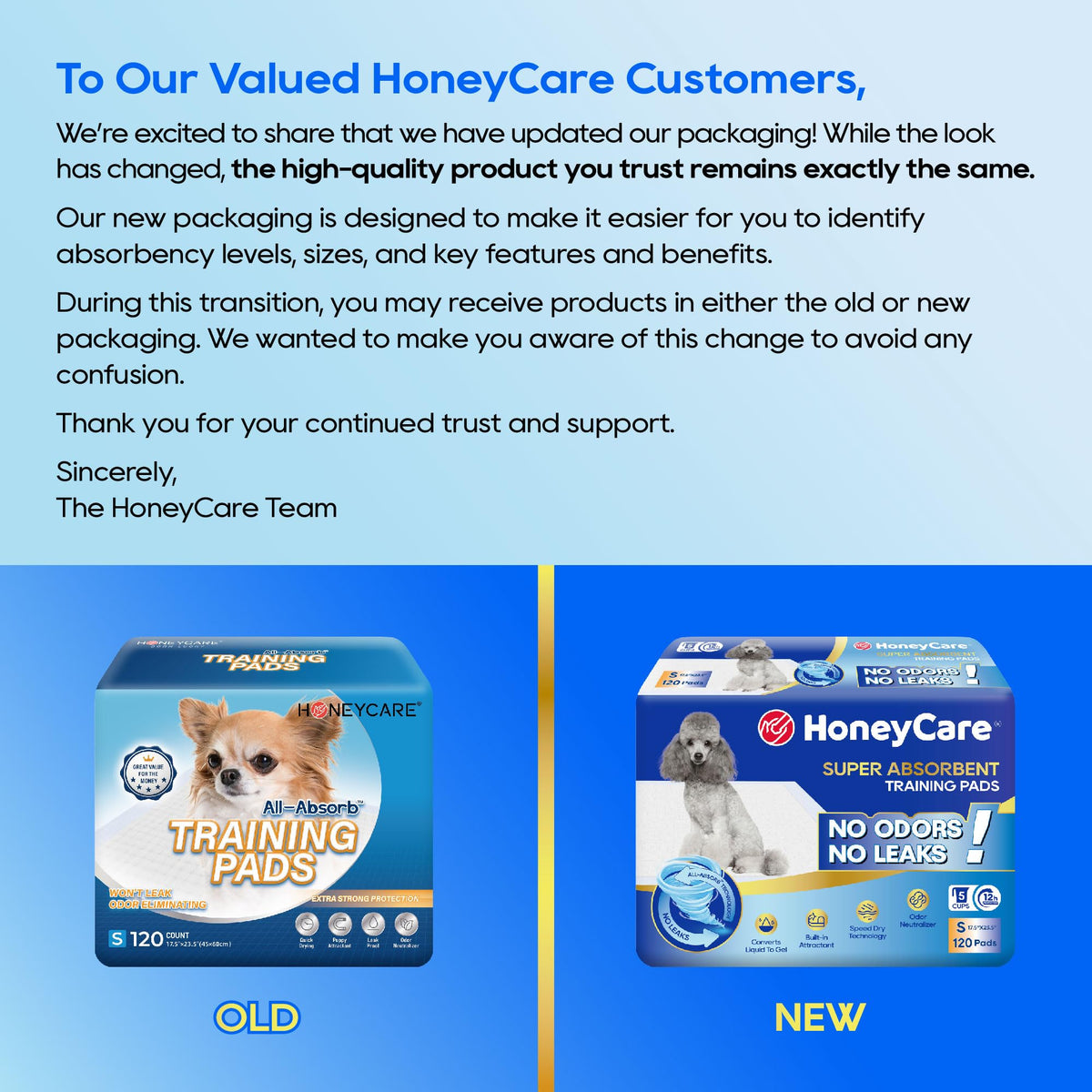 HONEY CARE All-Absorb, Large 22" x 23", 100 Count, Dog and Puppy Training Pads, Ultra Absorbent and Odor Eliminating, Leak-Proof 5-Layer Potty Training Pads with Quick-Dry Surface, Blue, A01