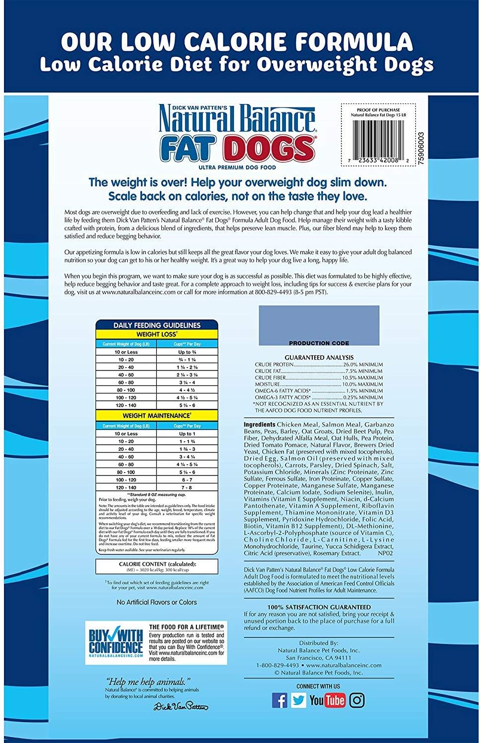 Natural Balance Fat Dogs Low Calorie Dry Dog Food, Chicken Meal, Salmon Meal, Garbanzo Beans, Peas & Oatmeal, 15 Pounds (Packaging May Vary)