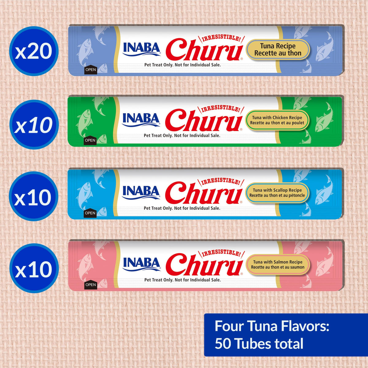 INABA Churu Cat Treats, Lickable, Squeezable Creamy Purée Cat Treat with Green Tea Extract & Taurine, 0.5 Ounces Each Tube, 50 Tubes, Tuna & Seafood Variety