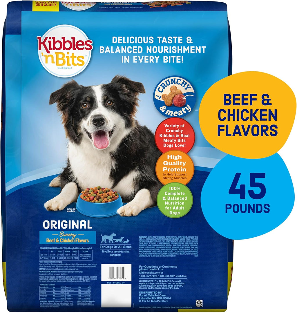 Kibbles 'n Bits Original Dry Dog Food, Savory Beef & Chicken Flavors for Adult Dogs, 45 lb. Bag