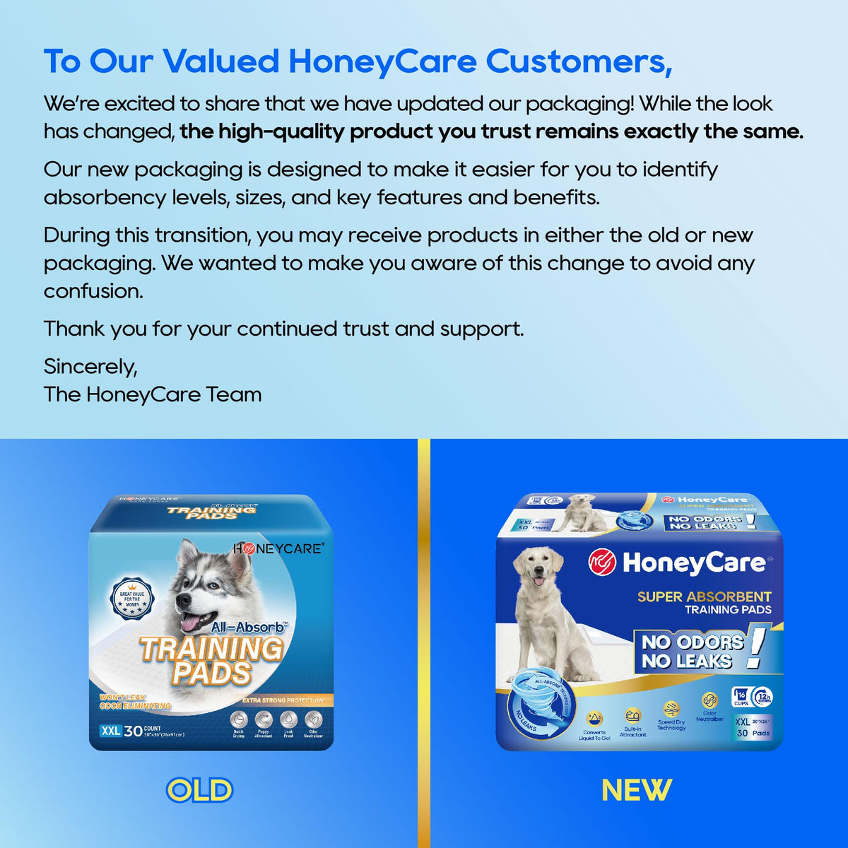 HONEY CARE All-Absorb, Large 22" x 23", 100 Count, Dog and Puppy Training Pads, Ultra Absorbent and Odor Eliminating, Leak-Proof 5-Layer Potty Training Pads with Quick-Dry Surface, Blue, A01