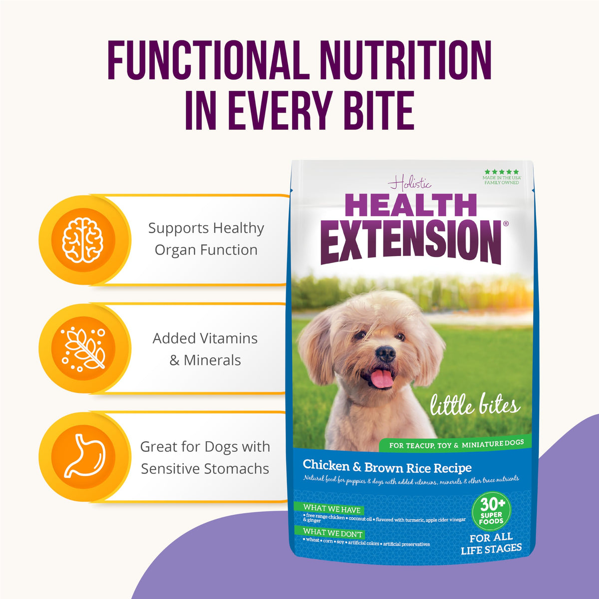 Health Extension Little Bites Dry Dog Food for Toy and Small Breeds, Chicken & Brown Rice Recipe, with Probiotics & Superfoods for Digestion & Coat Health, 30 lb Bag
