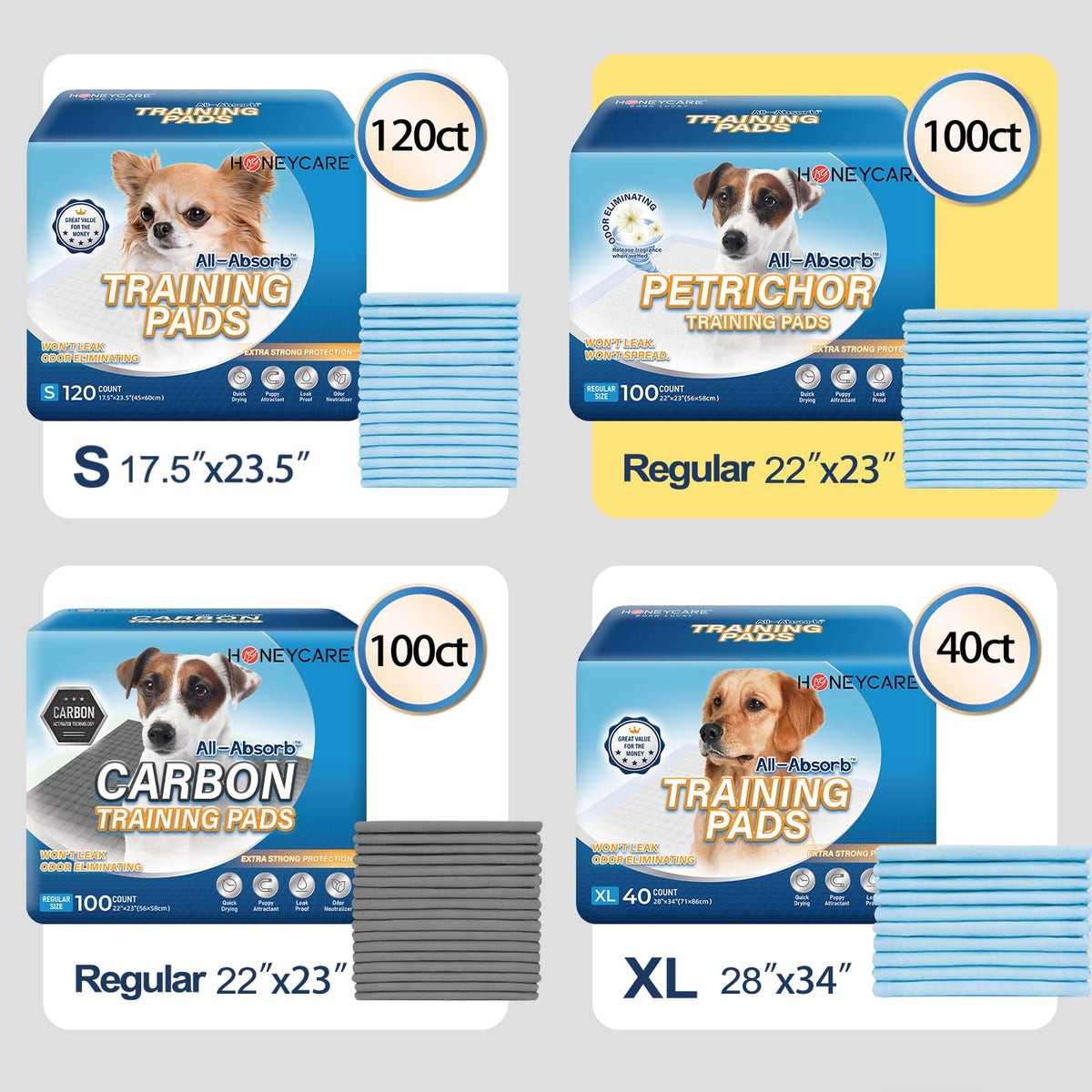 HONEY CARE All-Absorb, Large 22" x 23", 100 Count, Dog and Puppy Training Pads, Ultra Absorbent and Odor Eliminating, Leak-Proof 5-Layer Potty Training Pads with Quick-Dry Surface, Blue, A01