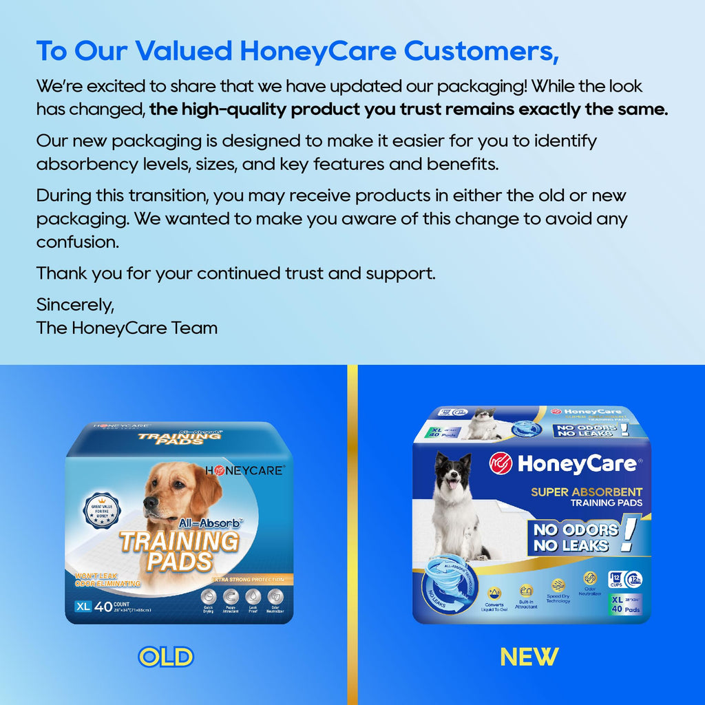 HONEY CARE All-Absorb, Large 22" x 23", 100 Count, Dog and Puppy Training Pads, Ultra Absorbent and Odor Eliminating, Leak-Proof 5-Layer Potty Training Pads with Quick-Dry Surface, Blue, A01