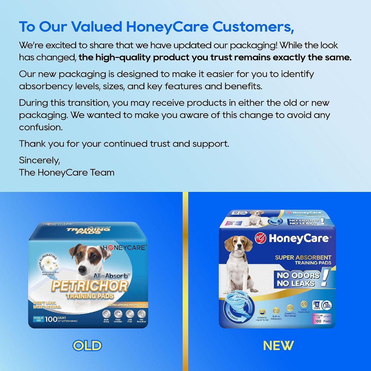 HONEY CARE All-Absorb, Large 22" x 23", 100 Count, Dog and Puppy Training Pads, Ultra Absorbent and Odor Eliminating, Leak-Proof 5-Layer Potty Training Pads with Quick-Dry Surface, Blue, A01