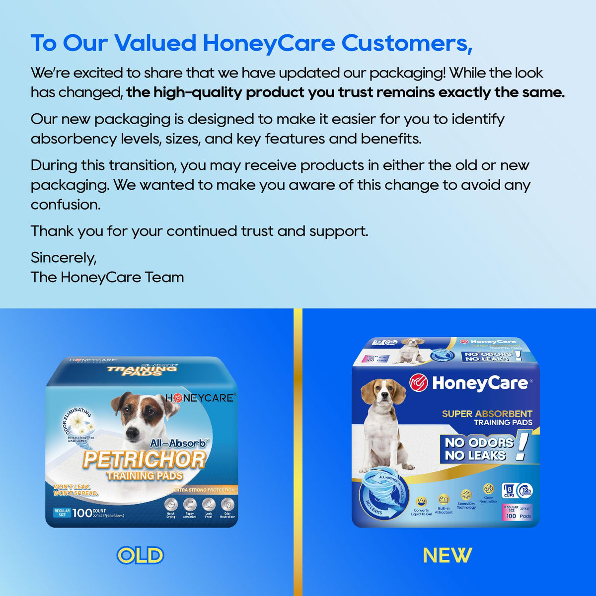HONEY CARE All-Absorb, Large 22" x 23", 100 Count, Dog and Puppy Training Pads, Ultra Absorbent and Odor Eliminating, Leak-Proof 5-Layer Potty Training Pads with Quick-Dry Surface, Blue, A01