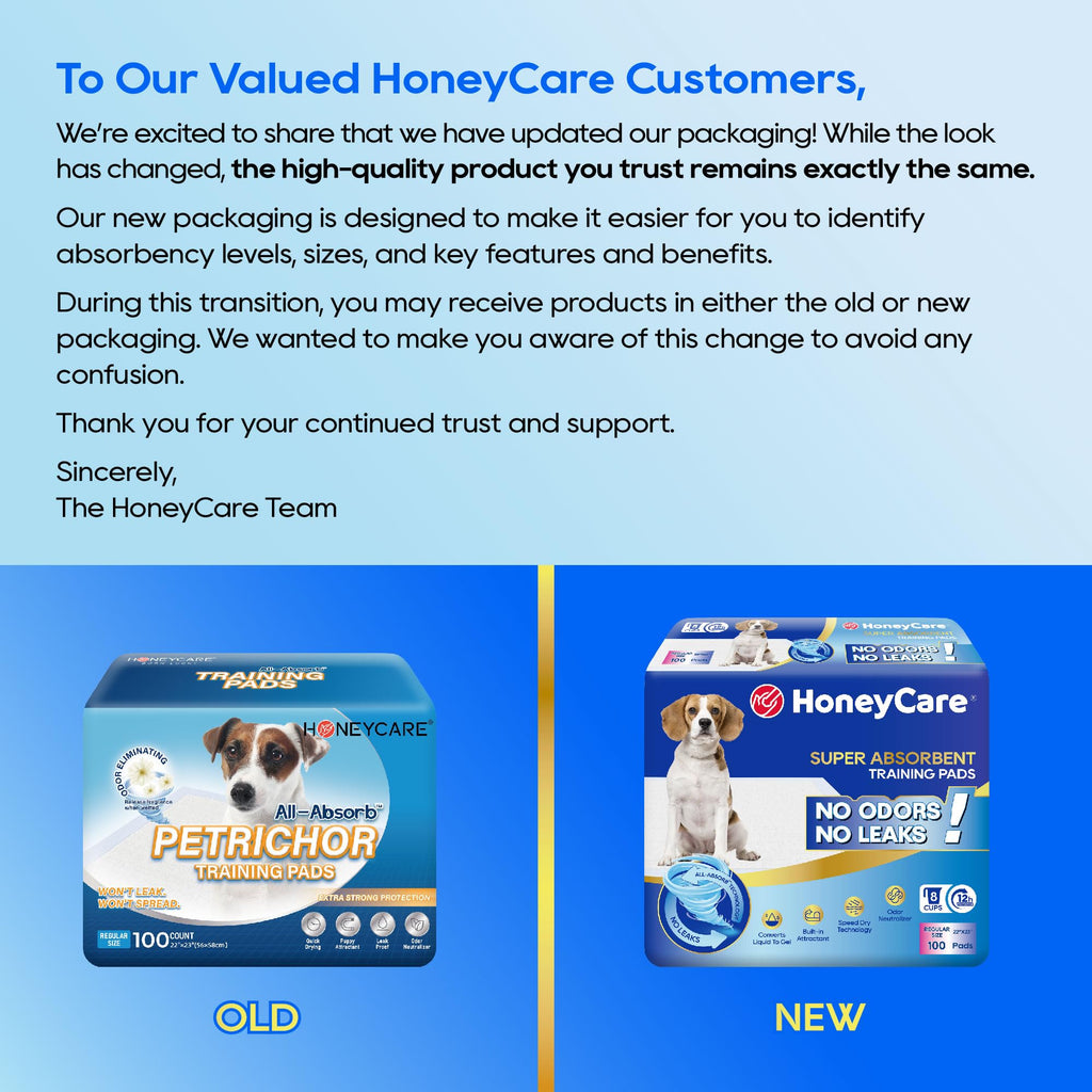 HONEY CARE All-Absorb, Large 22" x 23", 100 Count, Dog and Puppy Training Pads, Ultra Absorbent and Odor Eliminating, Leak-Proof 5-Layer Potty Training Pads with Quick-Dry Surface, Blue, A01