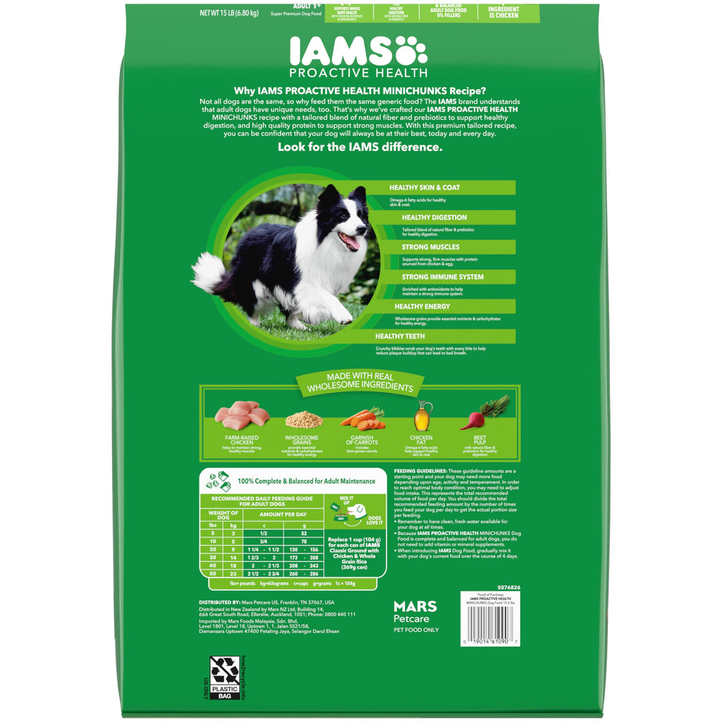 IAMS Proactive Health Adult Minichunks Dry Dog Food, Chicken, 30 lb | Real chicken #1 ingredient, no fillers, natural fiber & prebiotics, Omega-6 fatty acids, antioxidants for immune support